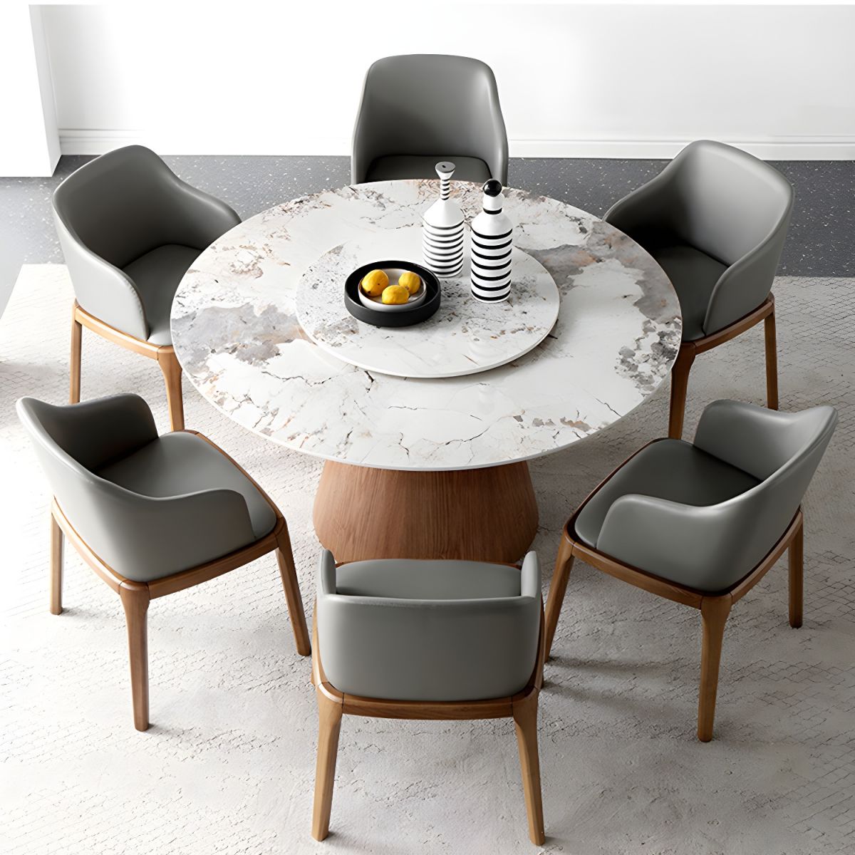 Round Sintered Stone Dining Table Stone Table in White with Pedestal
