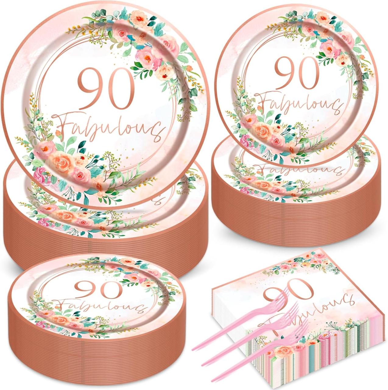 50 Guests 90th Party Decorations Plates Napkins Rose Gold
