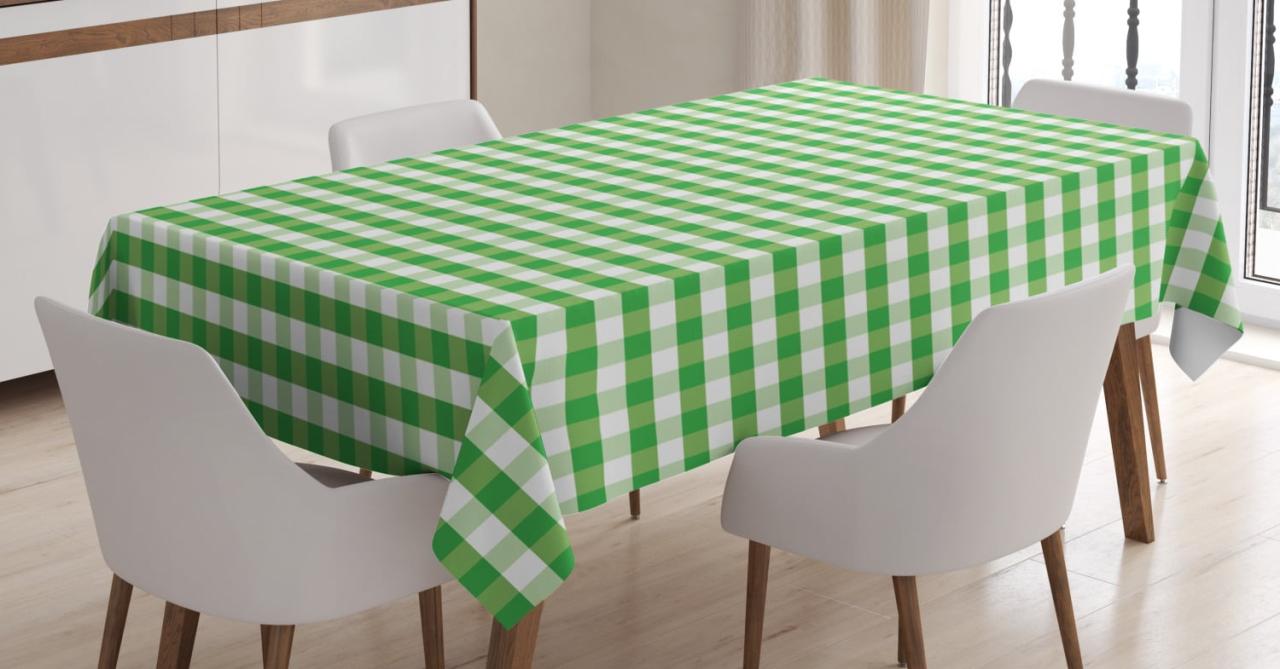 Gingham Tablecloth, Picnic Blanket Inspired Green and White Plaid Retro