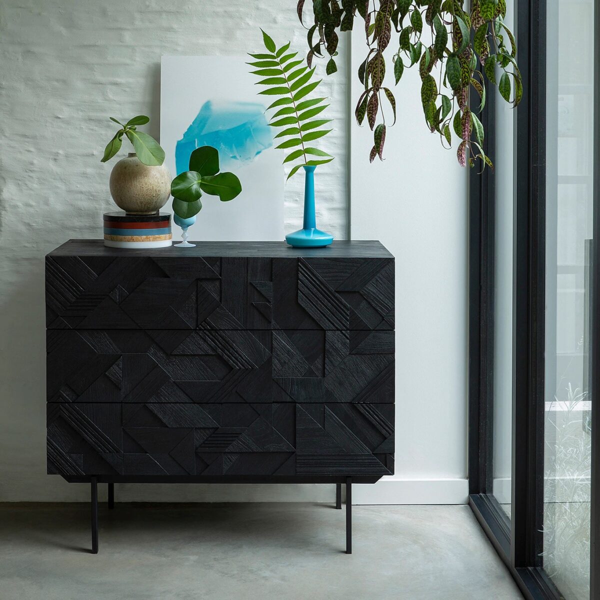 beautiful modern black solid wood dresser with geometric carved pattern