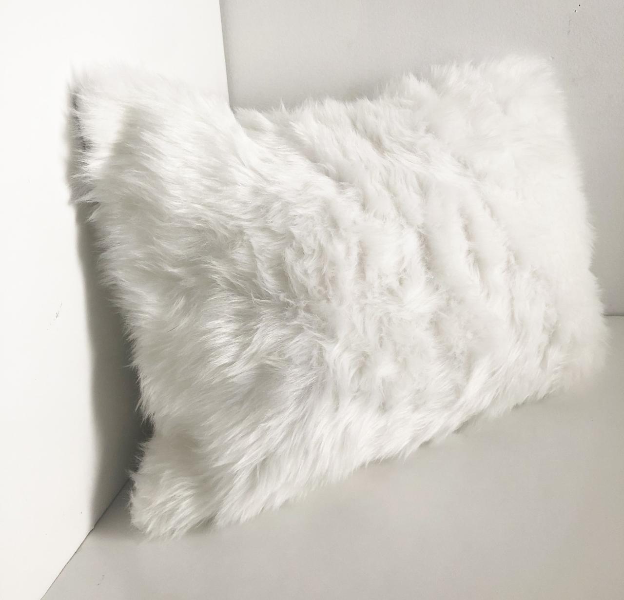 Fluffy Faux Fur Lumbar Pillow Cover, Custom Cover, White Faux Fur